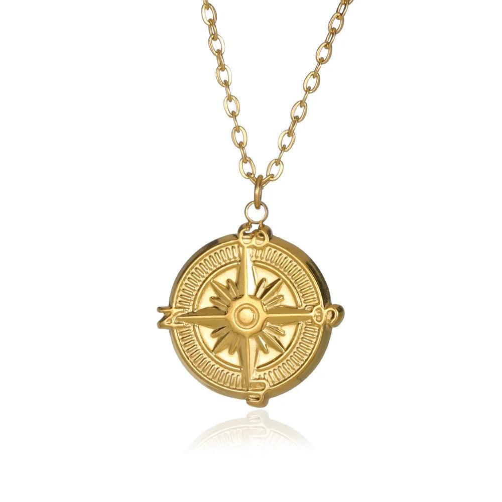 Stainless Steel Sunflower Butterfly Heart Pendant Necklace For Women Compass Embossed Plated Coin Necklace Party Jewelry Gift