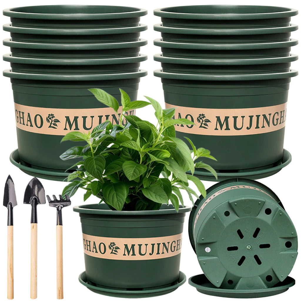 10/20 Pcs Plastic Plant Pots with Drainage Holes and Trays 3 Free Soil Changing Shovel Accessories Green Plastic Seedling Pots