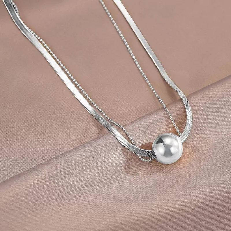 ANENJERY L316 Stainless Steel Double Layer Lucky Beads Small Ball Pendant Necklace for Women Niche Clavicle Chain Jewelry Gift