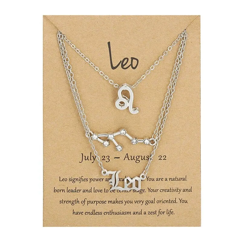 3Pcs 12 Zodiac Sign Necklace Set For Women Constellation Pendant Gold Silver Color Chain Female Birthday Jewelry With Cardboard