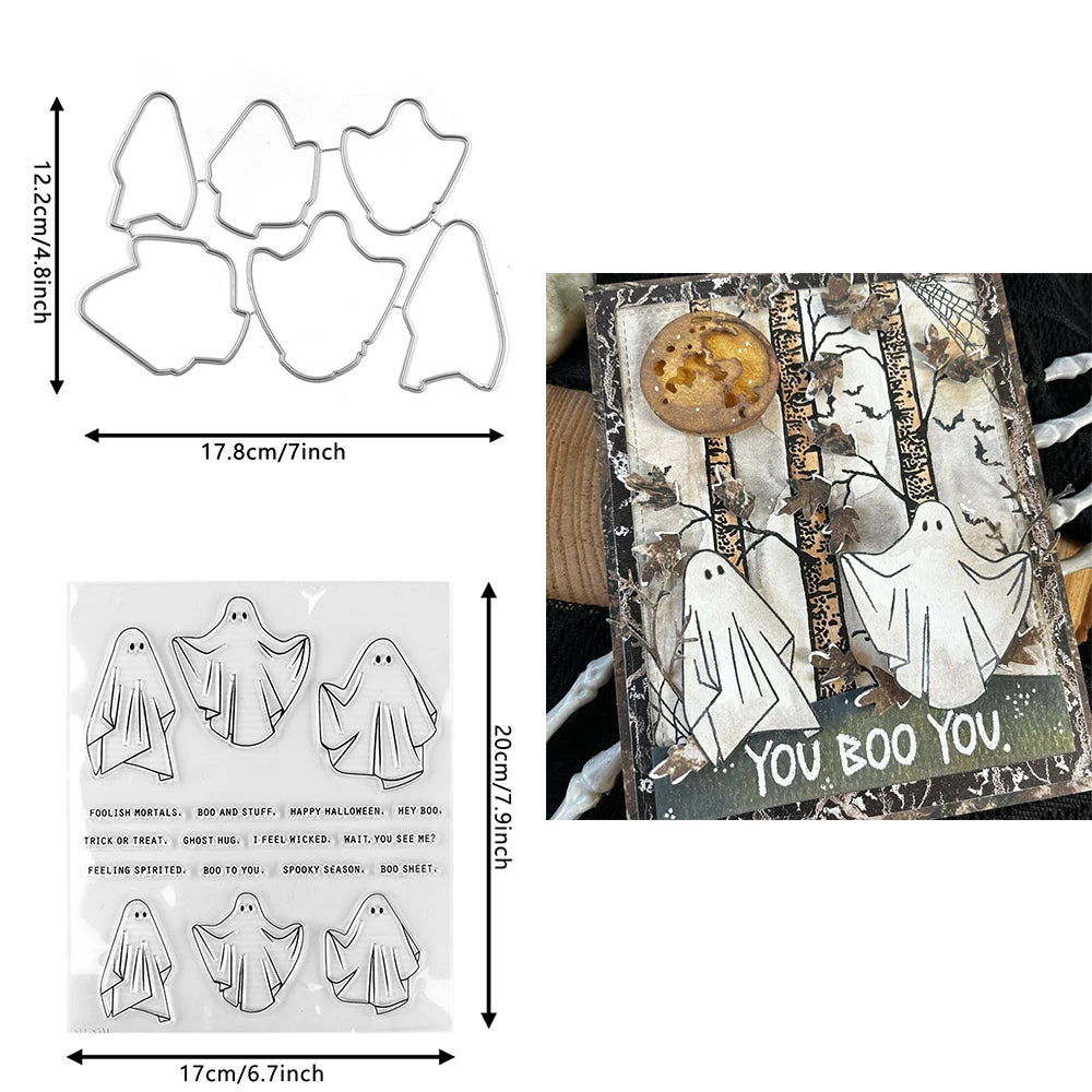 Ghost Snowman Car Ornament Metal Cutting Dies Wishes Words Block Clear Stamps for DIY Halloween Christmas Paper Craft