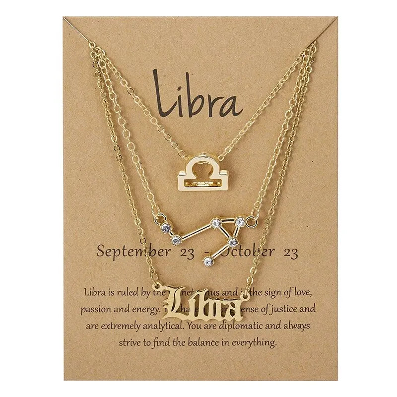 3Pcs 12 Zodiac Sign Necklace Set For Women Constellation Pendant Gold Silver Color Chain Female Birthday Jewelry With Cardboard