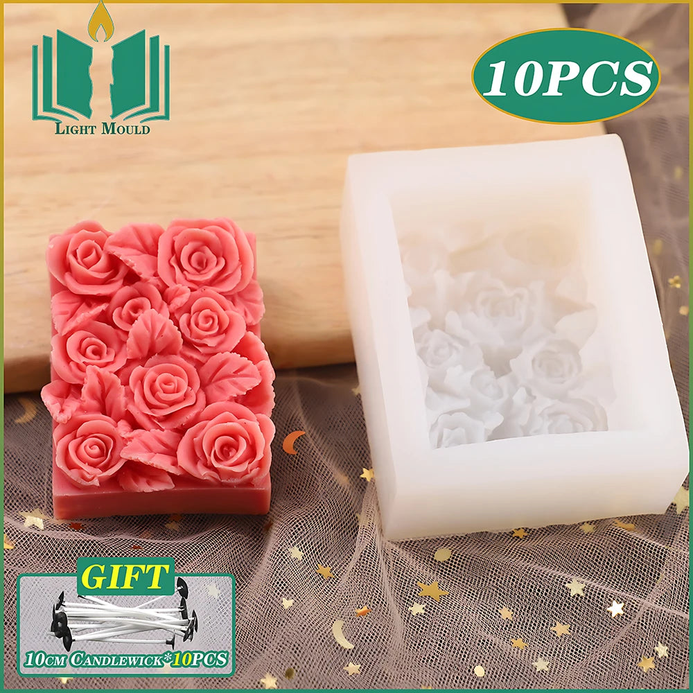 10PCS DIY Rose Style Aromatherapy Candle Mold Home Decoration Mold Flower Handmade Soap Mold Mousse Baking Silicone Mold