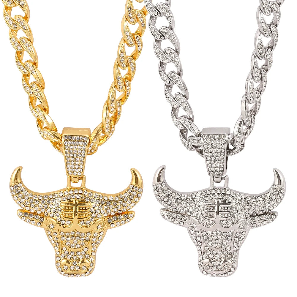 Hip Hop Head Of An Ox Pendant Necklace Gold Silver Colour Rhinestone Cuban Link Chain Men Women  Jewelry Gift
