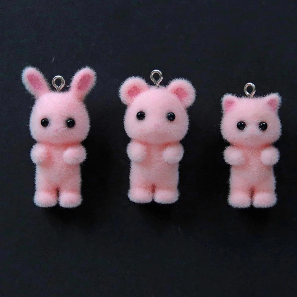 10pcs 3D Fluffy Flocking Animal Pendant Charms Kawaii Plush Cat Rabbit Rat Bear DIY Jewelry Crafts Make Keychain Miniature Doll