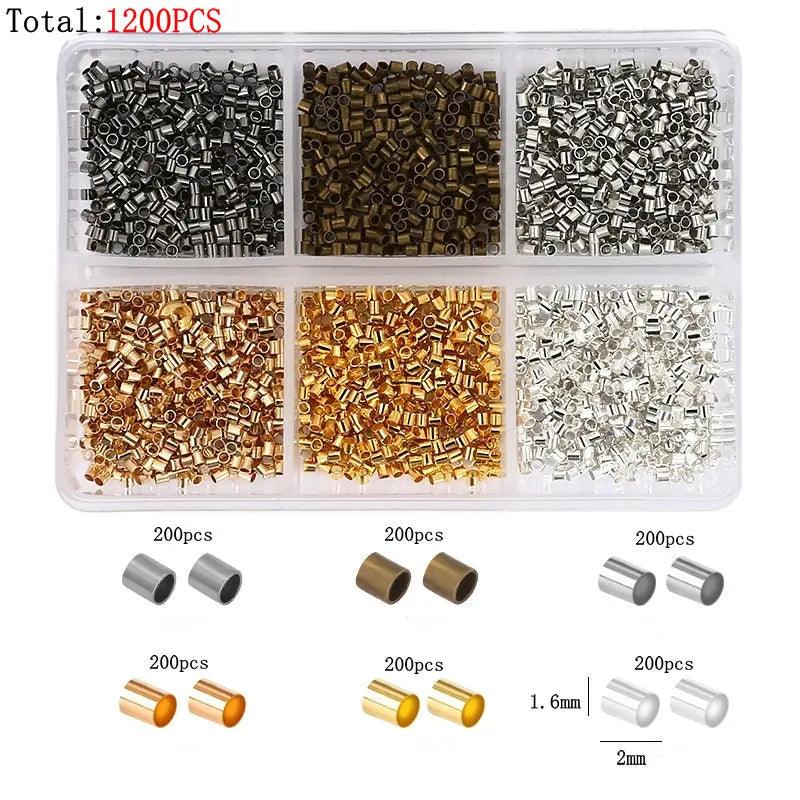 600pcs/Box 6 Styles Brass Tube Crimp Beads Tips Knot Covers Wire Guardians Protectors End Bead for DIY Jewelry Making Supplies