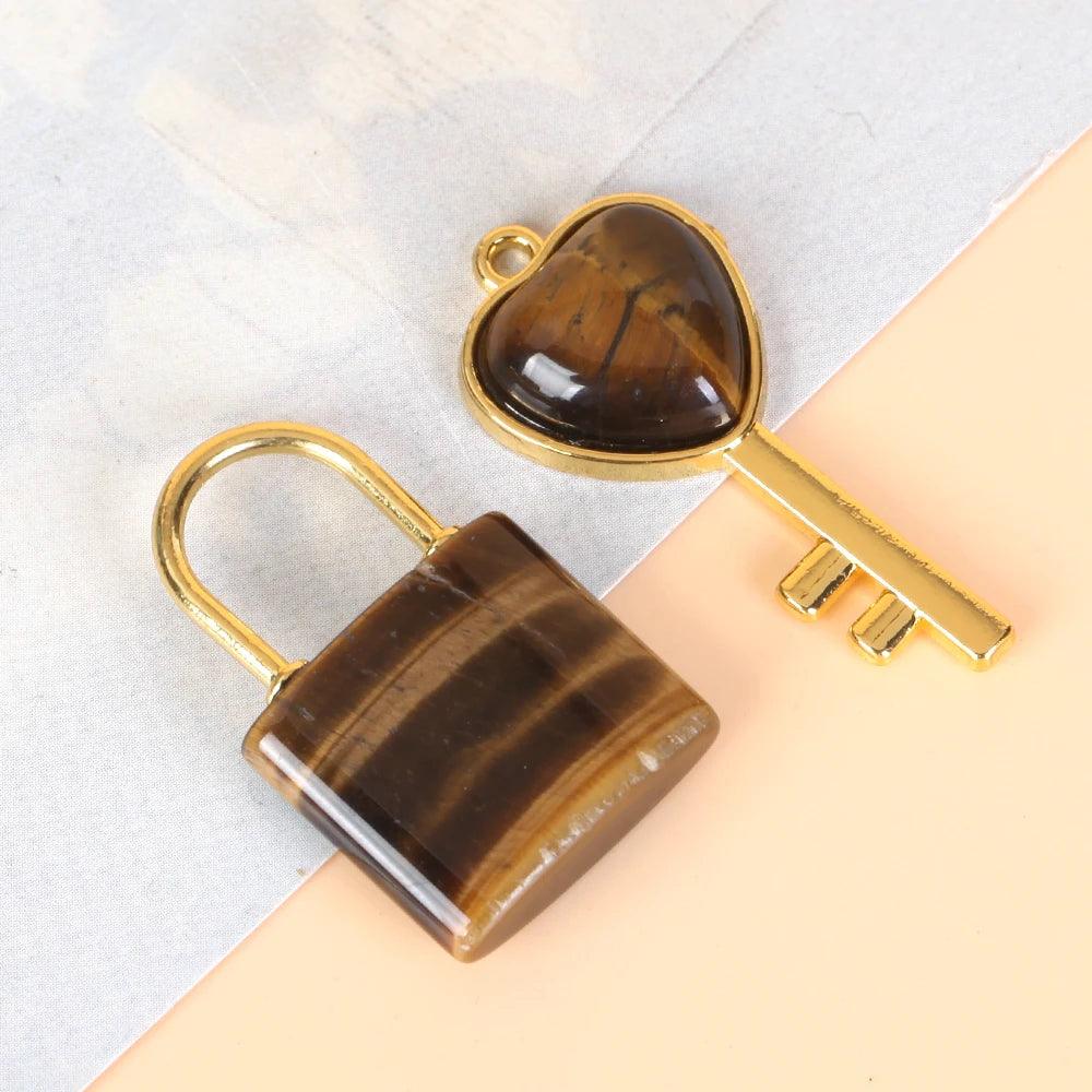 1 Set Natural Crystal Couple Lock Necklace Pendant Set Heart Shaped Key Piece Pink Crystal Amethyst Tiger Eye Stone Lock