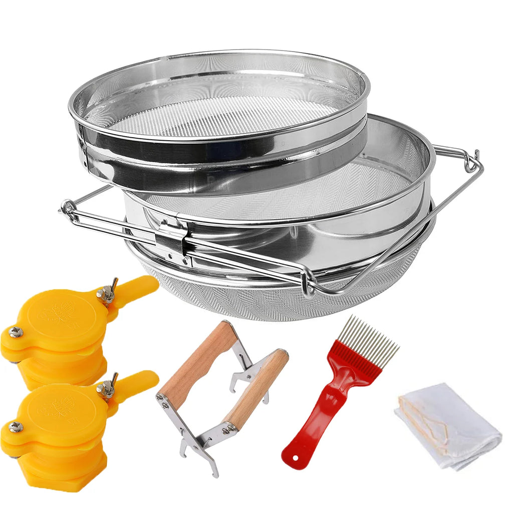 6PCS Double Sieve Honey Harvesting Starter Kit，Honey Filters Strainer Stainless Steel Set ，Double Sieve Honey Strainer,Frame Hol