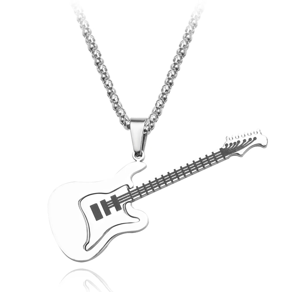 Hip Hop Style Stainless Steel Guitar Bass Pendant Necklace Unisex Punk Guitar Pick Necklace For Men Women Jewelry Gifts