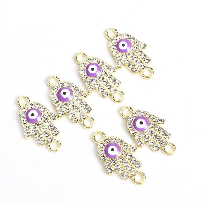 10pcs Rhinestones lnlaid Hamsa Hand Evil Eye Design Enamel Connectors Turkish Style Double Hanging Pendant For DIY Lucky Jewelry