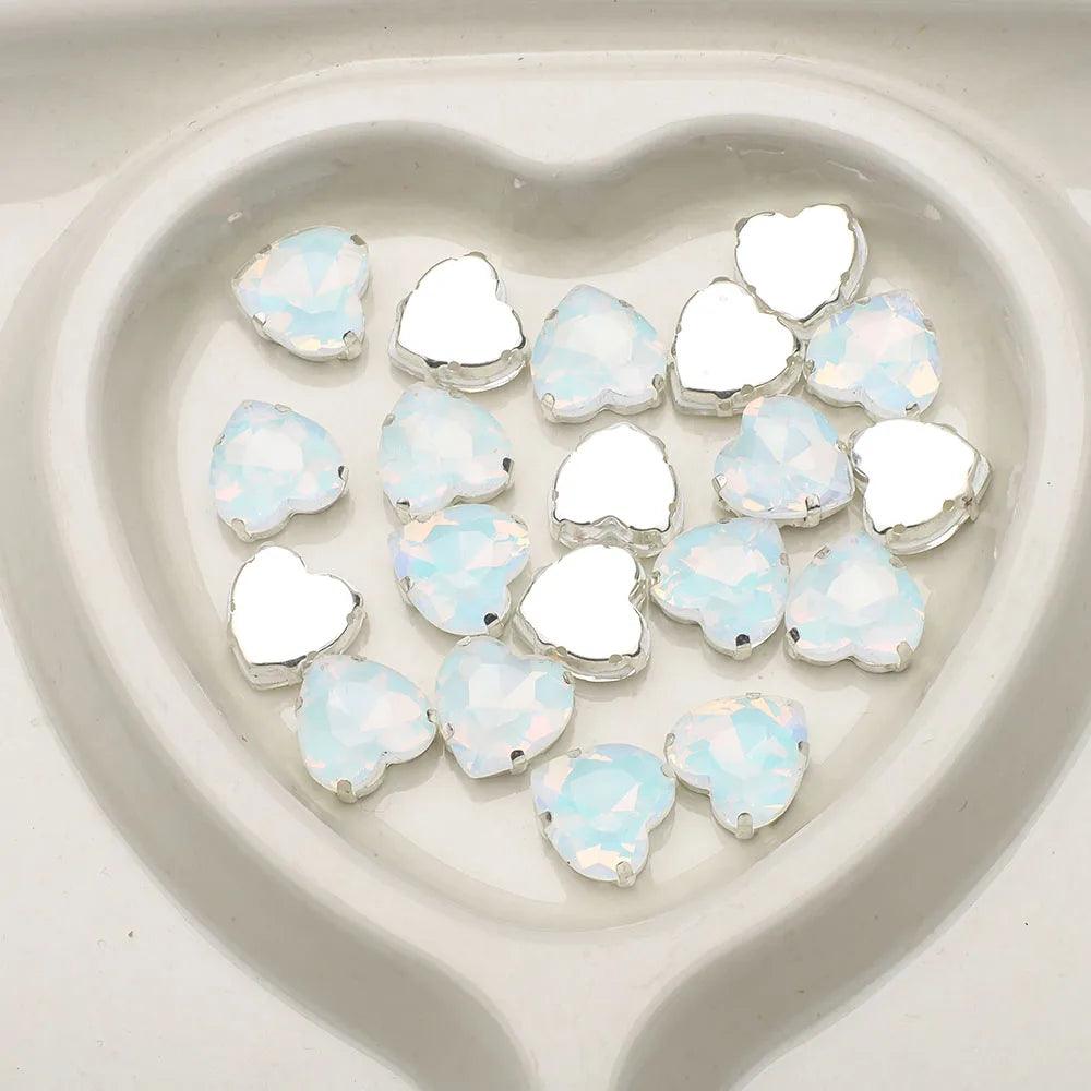 10Pcs 14mm Crystal Glass Love Heart Beads Glitter Flatback Silver Claw Rhinestone Crafts Jewelry DIY Making Garment Accessories