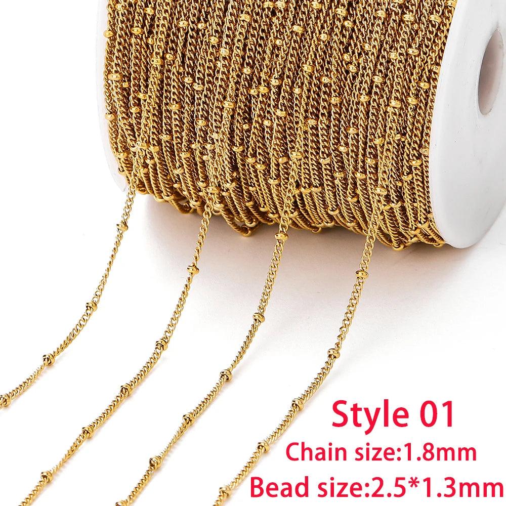 No Fade 2Meters Stainless Steel Chain Cross Chain with Beads for DIY Necklace Bracelet Anklet Jewelry Making Accessories