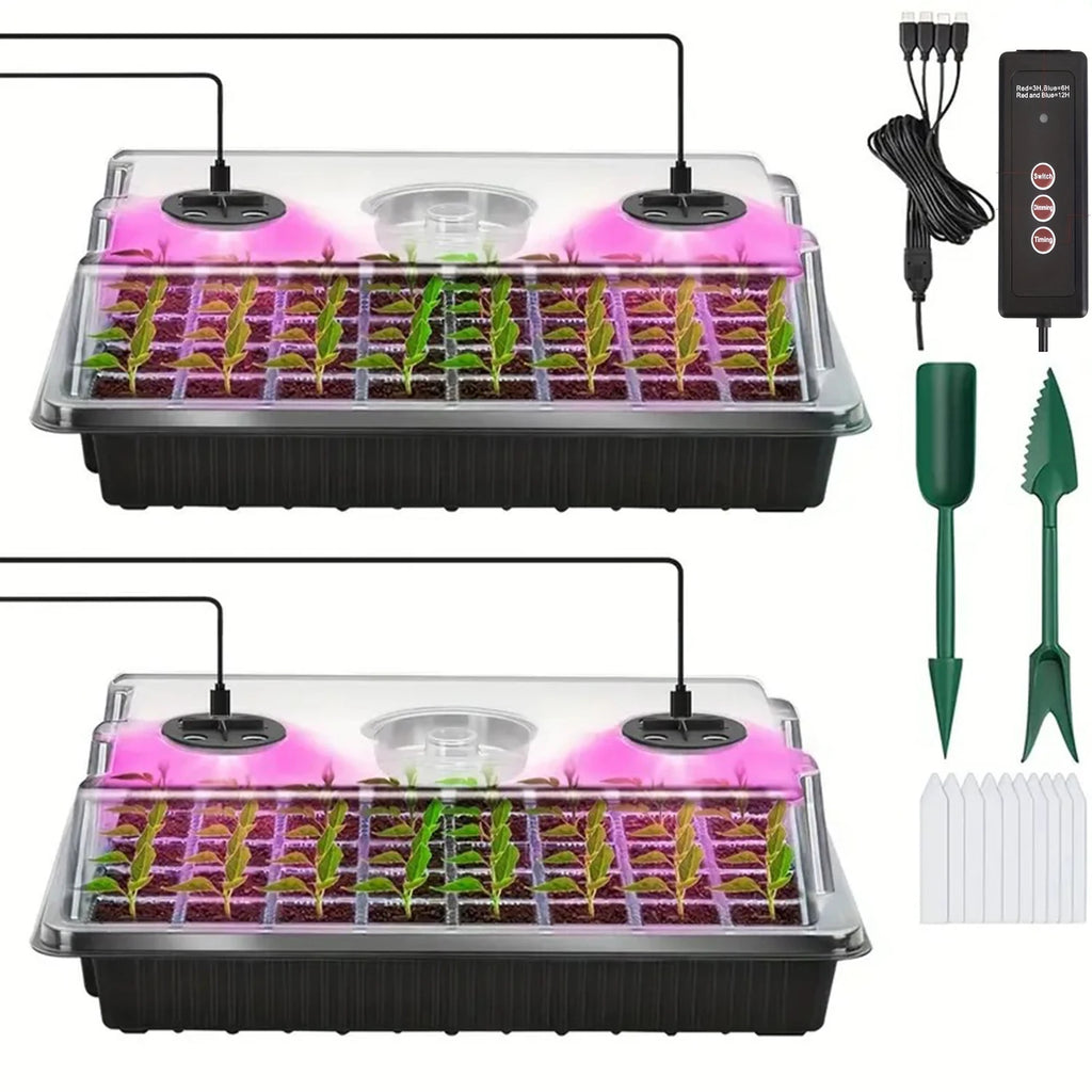 2-Piece Seed Starter Kit with Grow Light - 80-Cell Tray, Adjustable Brightness Timer, USB Powered