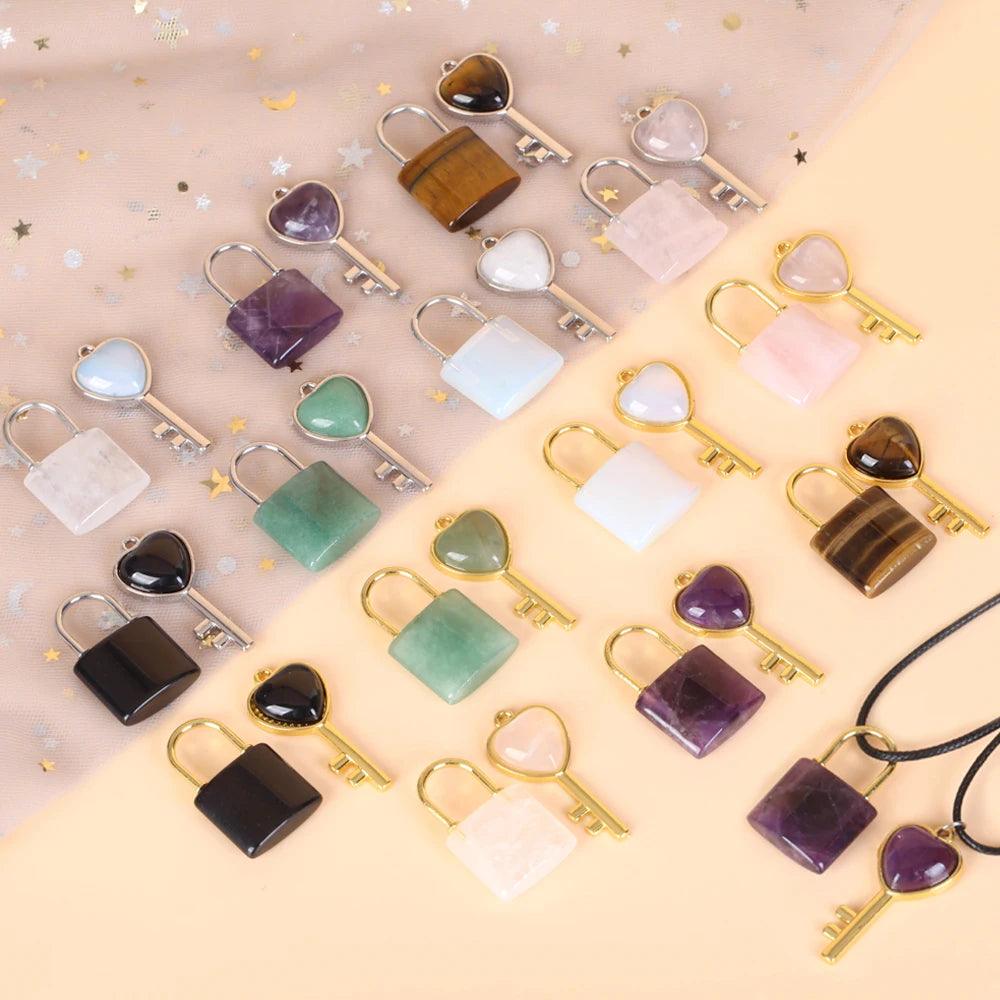 1 Set Natural Crystal Couple Lock Necklace Pendant Set Heart Shaped Key Piece Pink Crystal Amethyst Tiger Eye Stone Lock