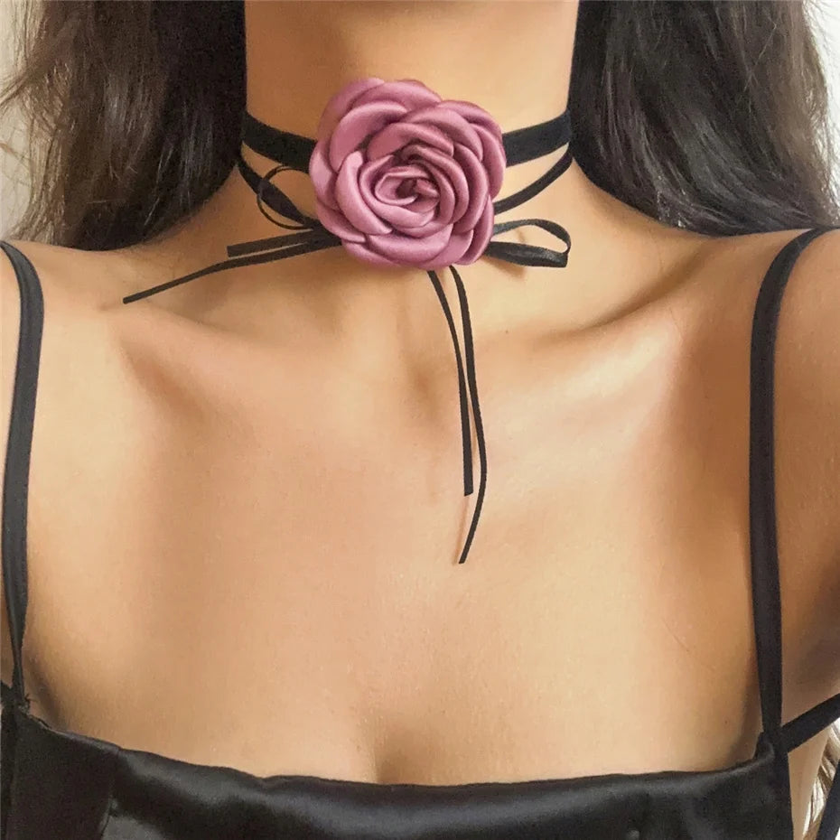 Ingemark Exaggerated Big Rose Flower Choker Necklace for Women Wed Bridal Goth Kpop Adjustable Bowknot Chain Y2K Accessories New