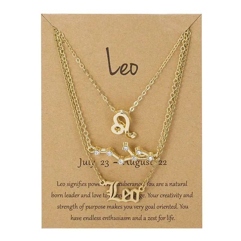 3Pcs 12 Zodiac Sign Necklace Set For Women Constellation Pendant Gold Silver Color Chain Female Birthday Jewelry With Cardboard