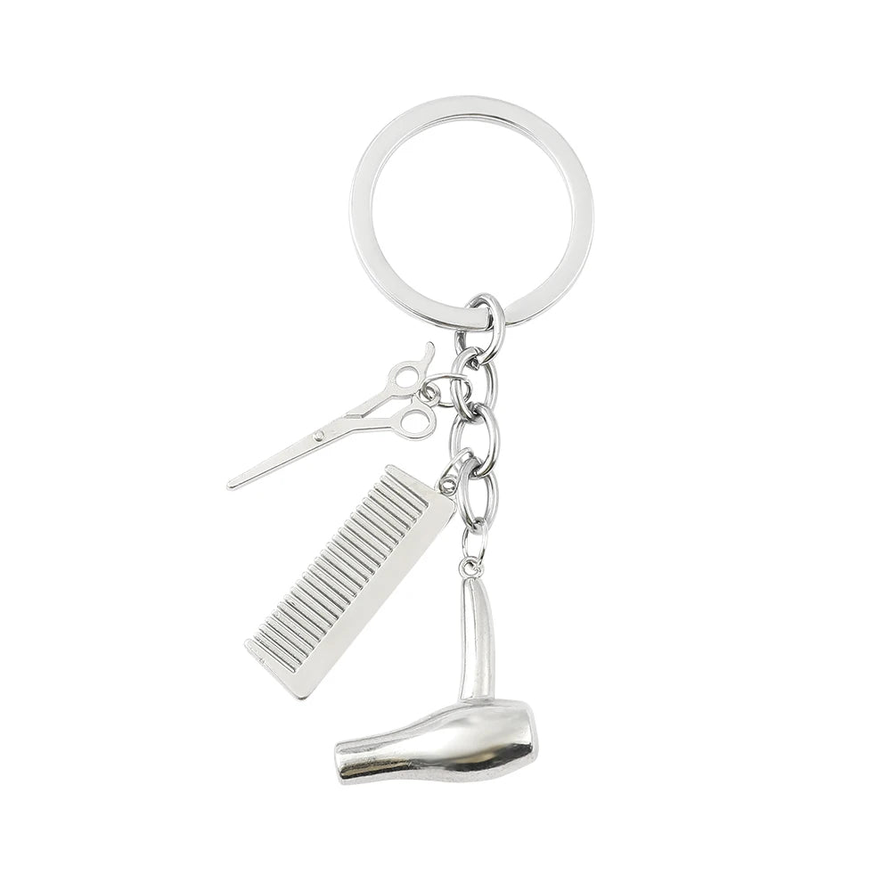 New Creative Hairstylist Tool Keychain Hair Dryer Scissors Comb Keyrings Hairdresser Gifts For Women And Men Key Accessory