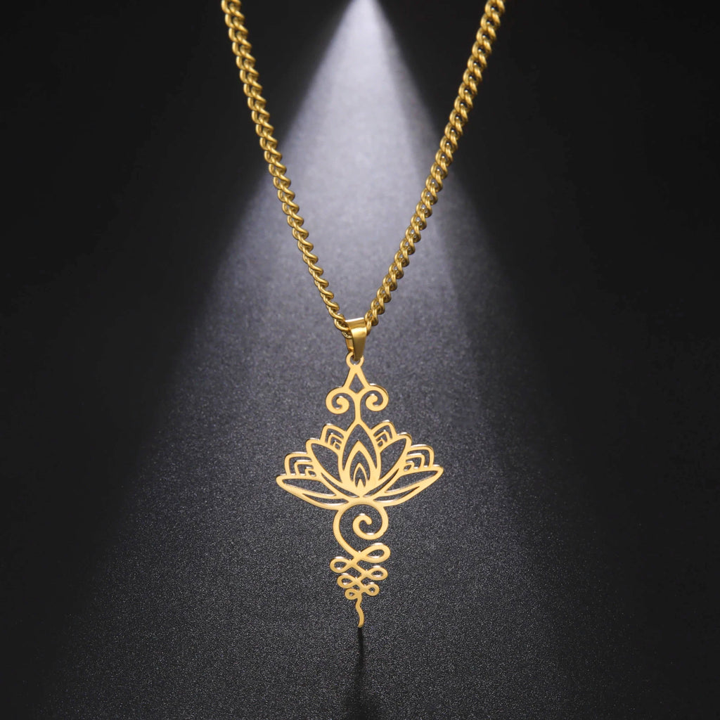 Skyrim Unalome Lotus Flower Pendant Necklace Stainless Steel Gold Color Chain for Women Yoga Buddhism Spiritual Jewelry Gift