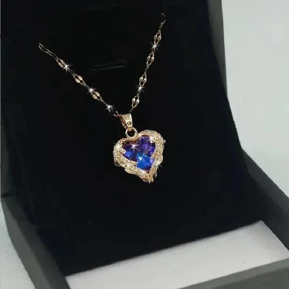 1 Pcs Romantic Couple Glass Encrusted Bronze Zircon Ocean Heart Pendant Combination Of Titanium Steel Chain