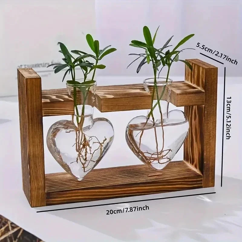 1pc Transparent Glass Vase With Wooden Frame, Heart-shaped Glass Vase For Hydroponic Plant Propagation, Air Plant Vase For Home