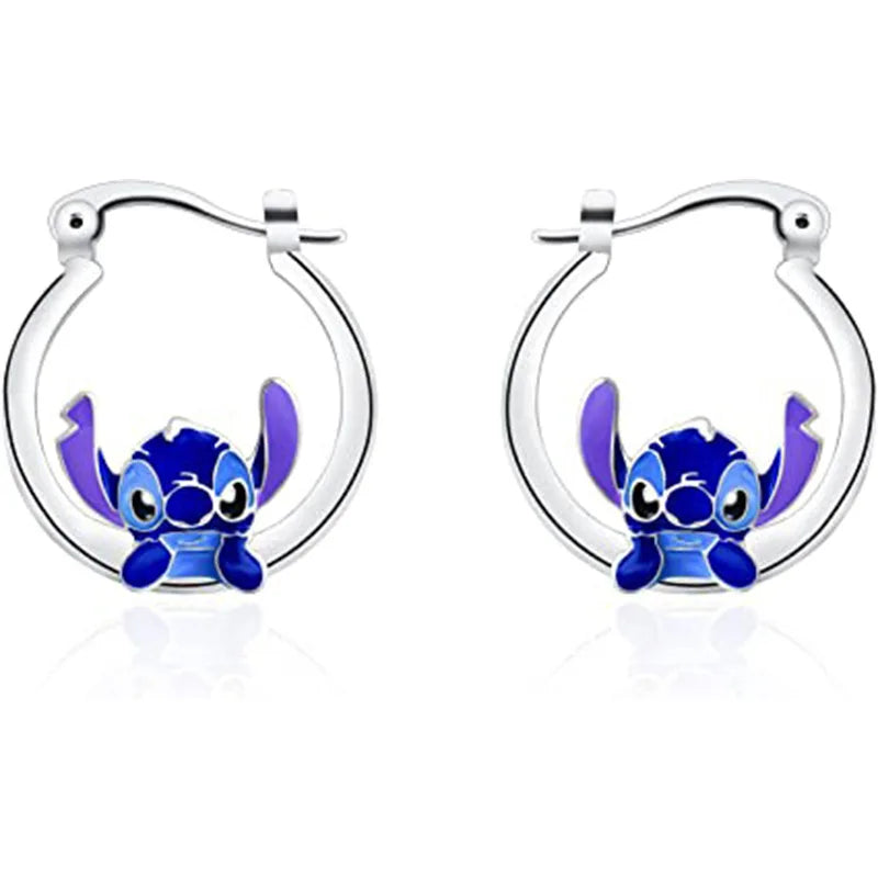 Blue Cartoon Heart Stitch Necklace Earrings Silver Plated Pendant Inspired Gifts Ohana Family Jewelry for Women Girls