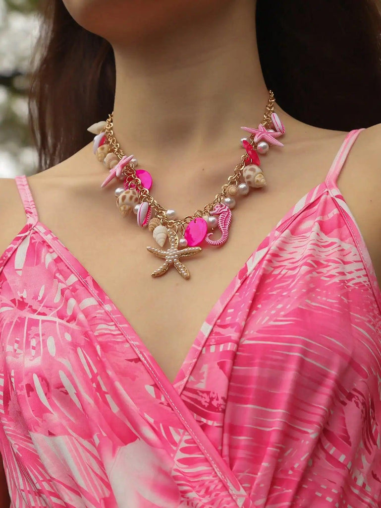 1 Vacation Style Ocean Series Shell Starfish   ImitationPearl Necklace Women's Vacation Leisure Party Exaggerated Shell Necklac