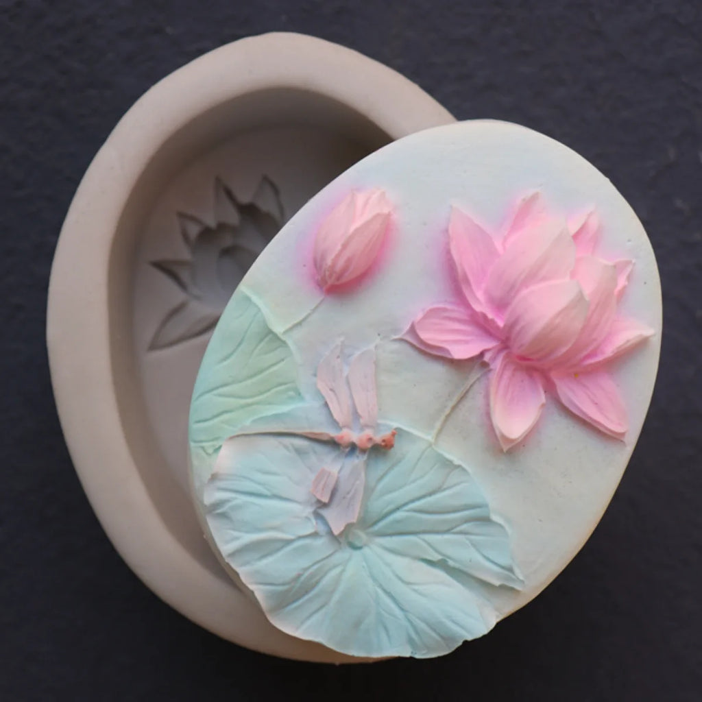 Dragonfly Lotus Oval Soap Silicone Mold DIY Lotus Leaf Candle Resin Crystal Making Flower Round Chocolate Mould Wedding Gifts