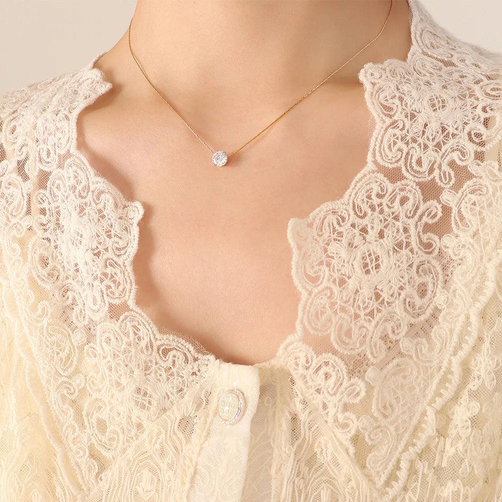 Peri'sbox Dainty Minimalist Solitaire Zircon Charm Necklace Anti Tarnish Stainless Steel Chain Round Clear Cz Stone Necklace New