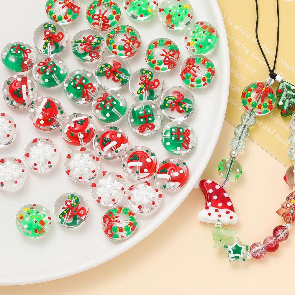 1pcs Glass Flat Round Beads Christmas Spacer Loose Bead for Keychain Christmas Decoration DIY Jewelry Making Accessories