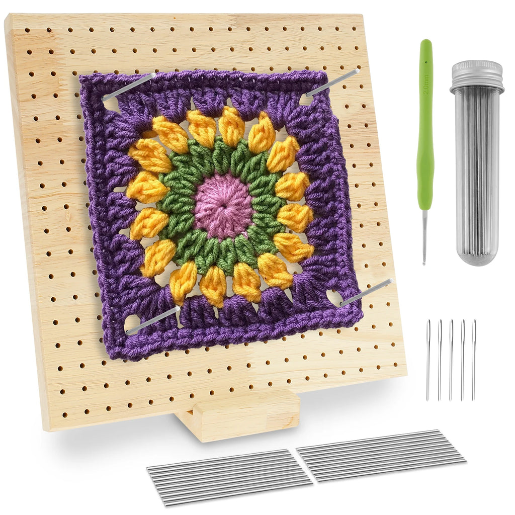 Wooden Crochet Blocking Board Kit Granny Square Knitting Blocking Mat Set with Base for Beginner Knitting Lover DIY Crafting