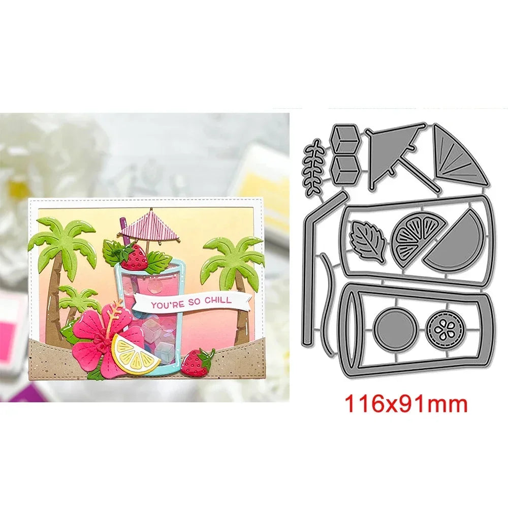 Drinking Cup Fruit Cherry Pineapple Metal Cutting Dies Shining Stars Border Enjoy Words Cut Die For DIY Scrapbooking Card Making
