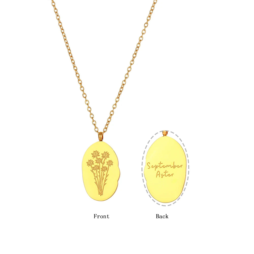 E.B.belle Tarnish Free Irregular Personality 12 Months Flower Pendant Necklace Stainless Steel Gold Plated Birthstone Necklace