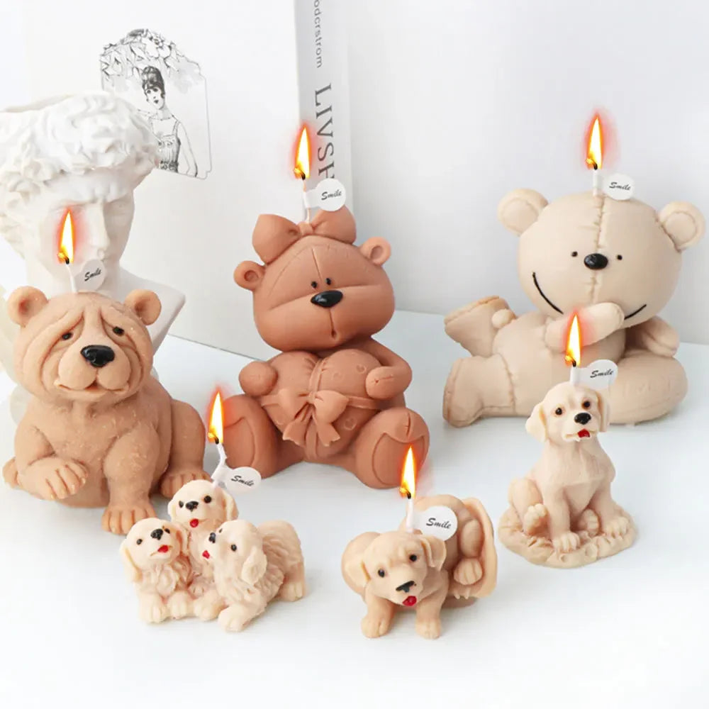 Bow Heart Bear Candle Making Set Puppy Labrador Plaster Resin Silicone Mould Golden Retriever Home Chocolate Cake Decor Pet Gift