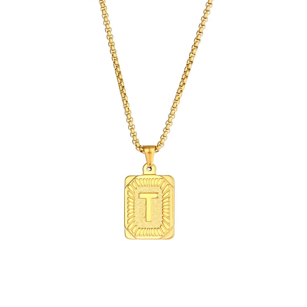 2023 New Stylish Square Pendant Necklace Men's Stainless Steel Gold Plated Letter Necklace Initial Necklace For Women