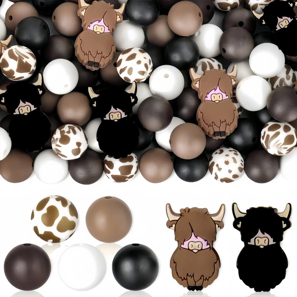 49pcs/set Highland Cow Silicone Beads Animal Shape Focus Beads Cow Print Beads Dark Brown Round Spacer Beads Homemade Necklace Bangle Keychain Decor Pen