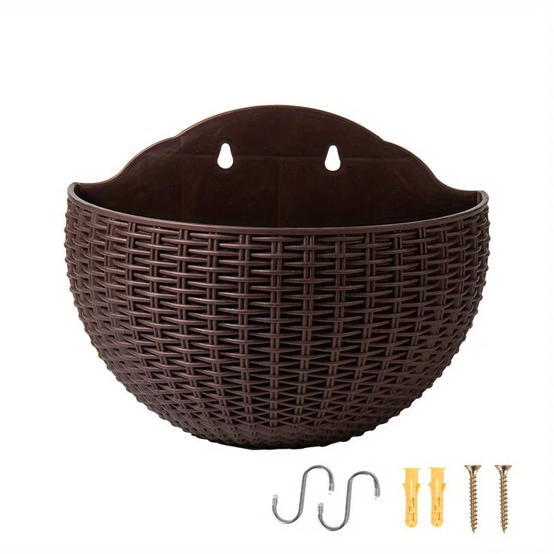European Style Imitation Rattan Wall Hanging Half Round Flowerpot Planter Semicircular Wall Flower Pot Balcony Household Outdoor