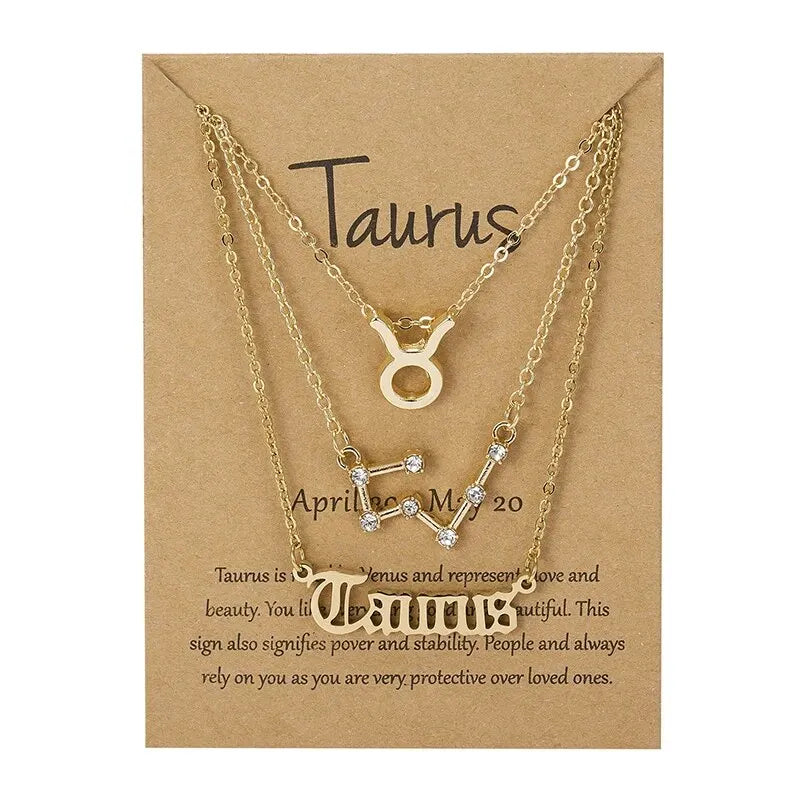 3Pcs 12 Zodiac Sign Necklace Set For Women Constellation Pendant Gold Silver Color Chain Female Birthday Jewelry With Cardboard