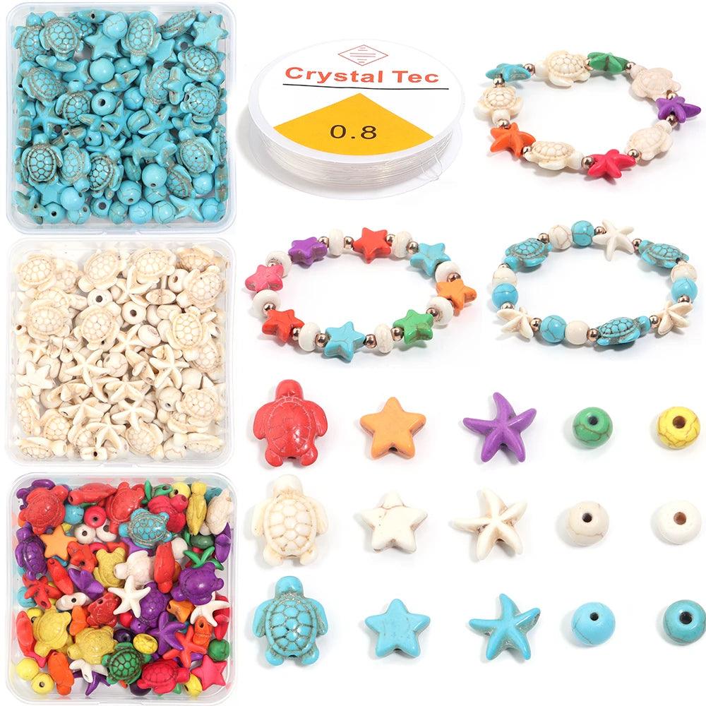 1 Box Ocean Series Turquoise Beaded Set Color Starfish Sea Turtle Loose Spacer Beads Charm Jewelry Making DIY Kit Crystal Line