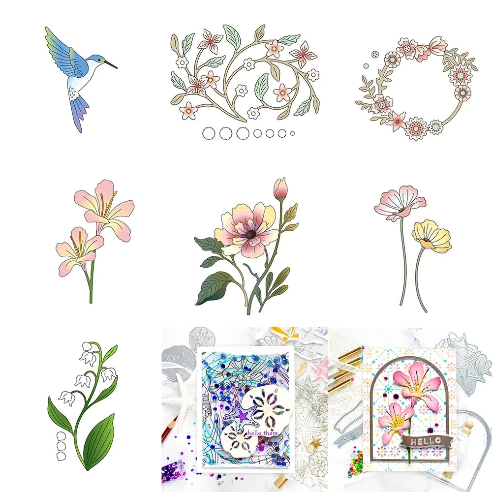 Beautiful Blooming Flower Hummingbirds Metal Cutting Dies for DIY Card Making Scrapbooking and Crafting Supplies