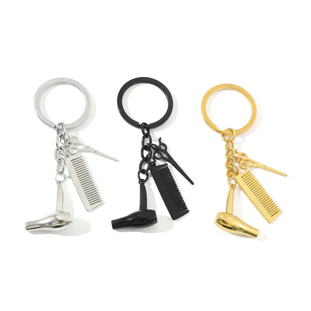 New Creative Hairstylist Tool Keychain Hair Dryer Scissors Comb Keyrings Hairdresser Gifts For Women And Men Key Accessory