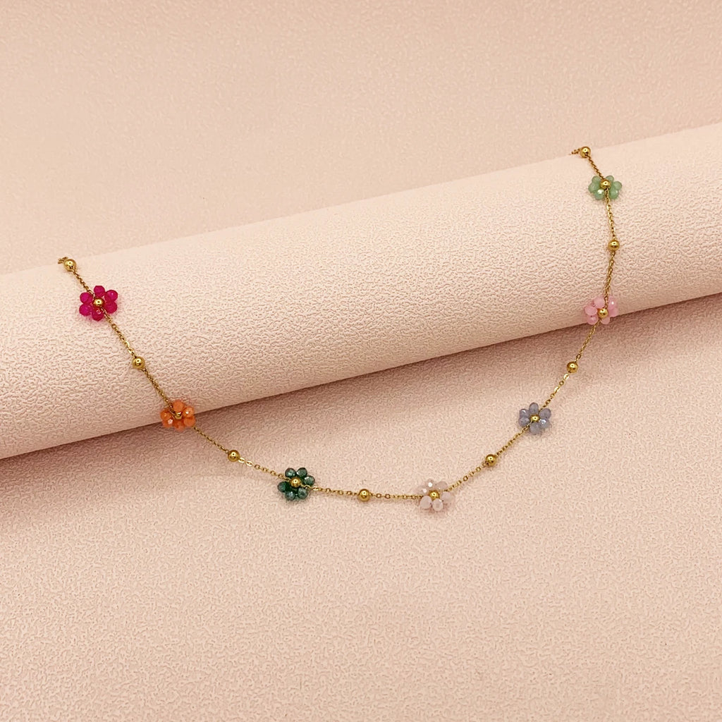A New Autumn And Winter Women's Stainless Steel Flower Necklace Colorful Beaded Birthday Christmas Halloween Date Gift