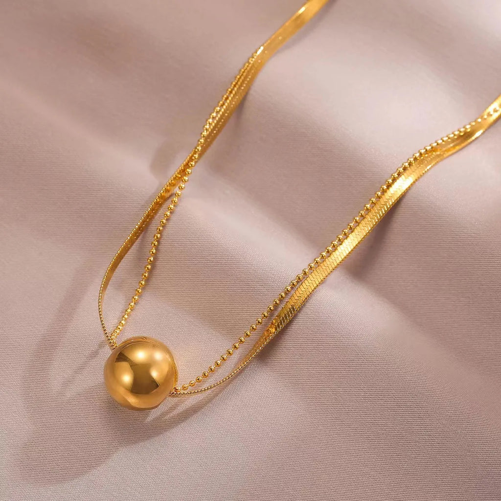ANENJERY L316 Stainless Steel Double Layer Lucky Beads Small Ball Pendant Necklace for Women Niche Clavicle Chain Jewelry Gift
