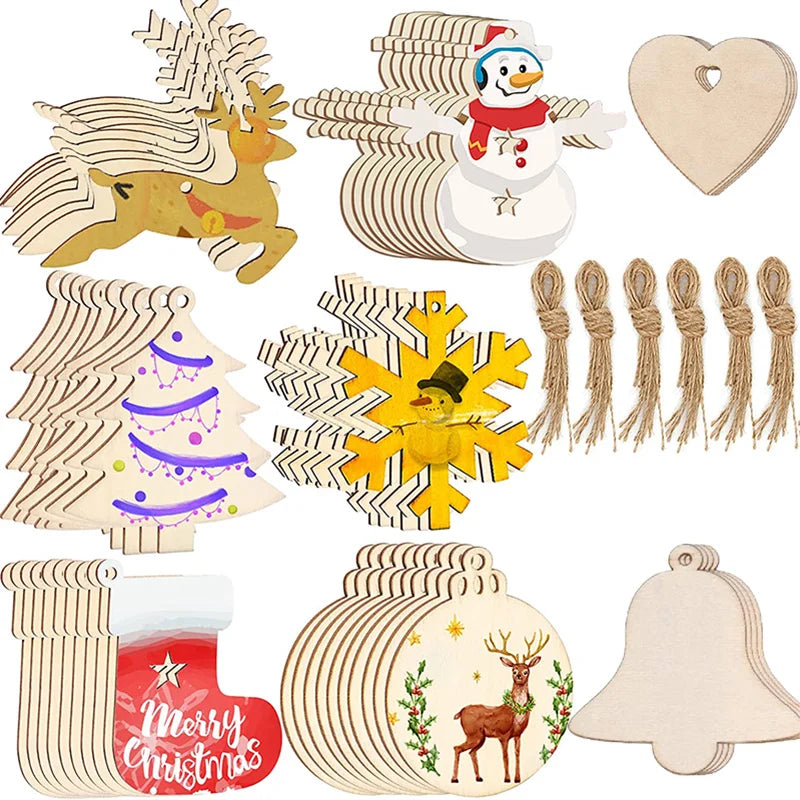 10Pcs Unfinished Christmas Wooden Ornaments Blanks Pendants Wood Slices with Jute Twine Wood Crafts for DIY Christmas Tree Decor