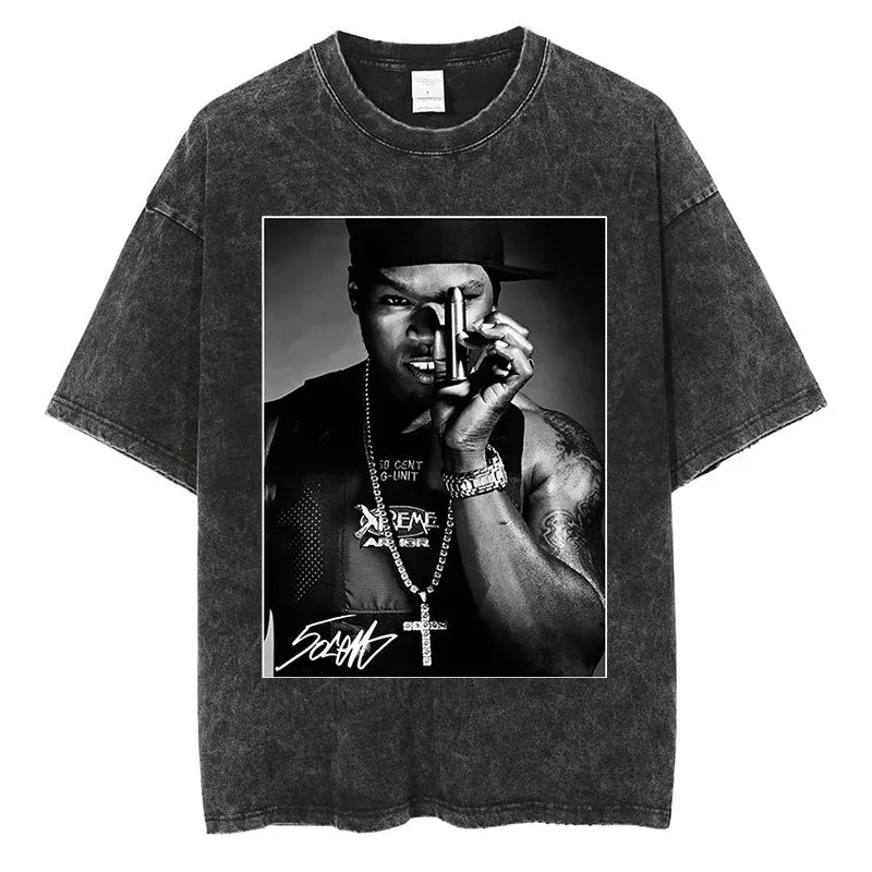 Hip Hop Streetwear T Shirt with 50 Cent Rapper Print Oversized Cotton Short Sleeve Tee for Men and Women