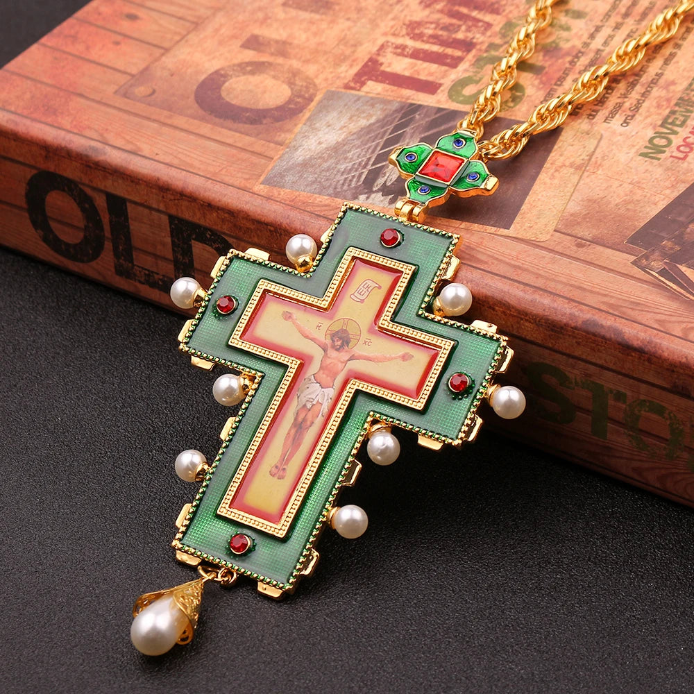 Orthodox Pectoral Cross Collares Crown Religious Icon Byzantine Catholic Crucifix Necklace Confirmation Pendant Long Necklace