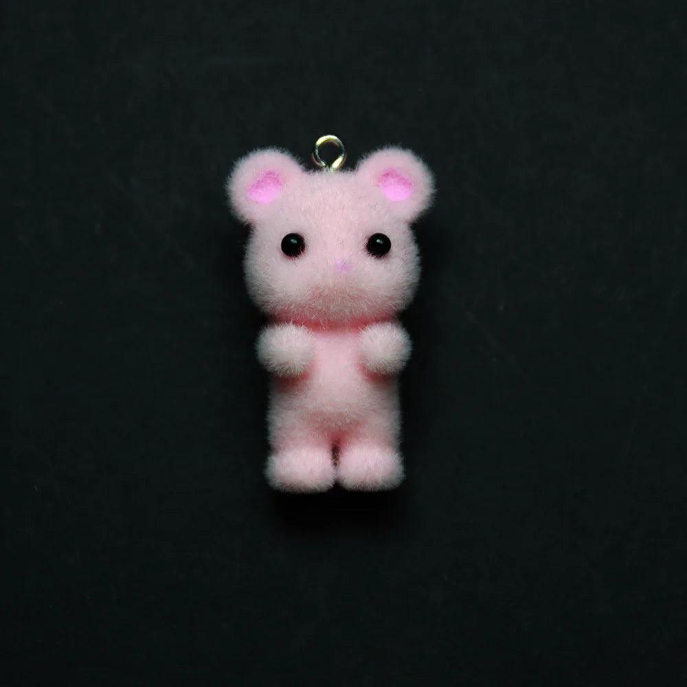 10pcs 3D Fluffy Flocking Animal Pendant Charms Kawaii Plush Cat Rabbit Rat Bear DIY Jewelry Crafts Make Keychain Miniature Doll