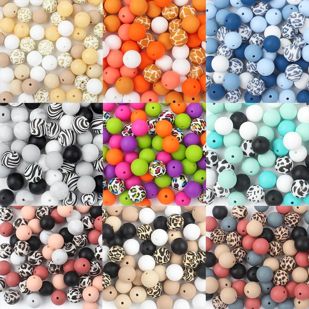 20pcs 15mm 12mm Round Silicone Beads Printed Leopard Pattern Beads for Jewelry Making DIY Bracelet Personalized Handmade Crafts