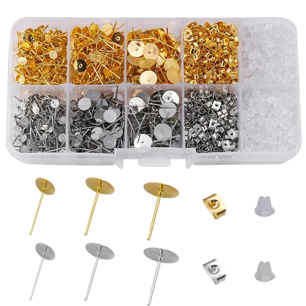 1060pcs/Lot Blank Post Earring Studs Base Pins Box With Earring Plug Findings Ear Back For DIY Jewelry Making Kits Jewelry Box