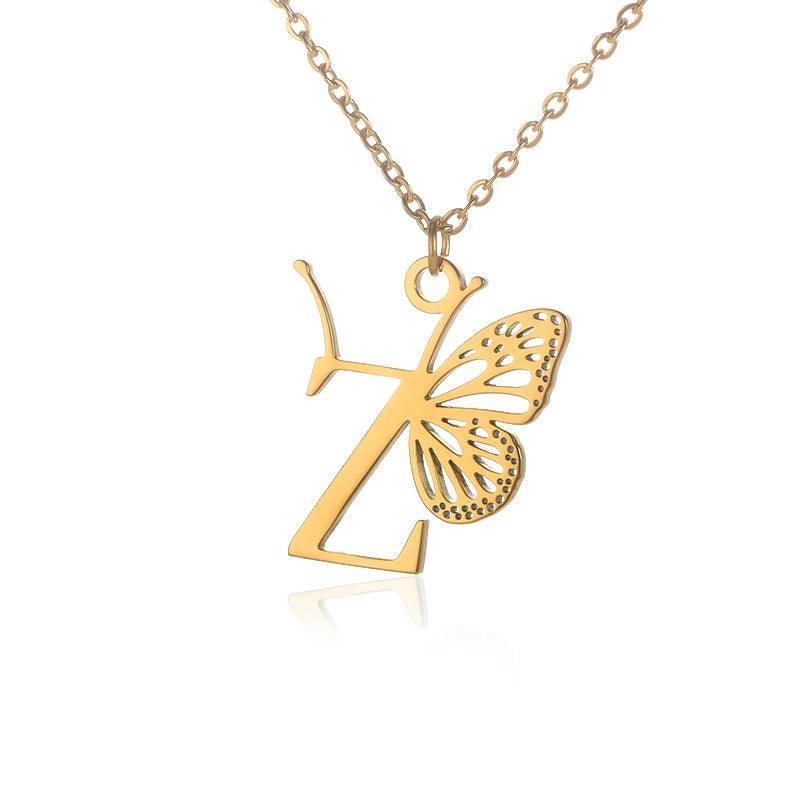 A-Z Initial Letter Collar Butterfly Necklace For Women Butterfly Jewelry Stainless Steel Alphabet Choker Necklace Female Gift