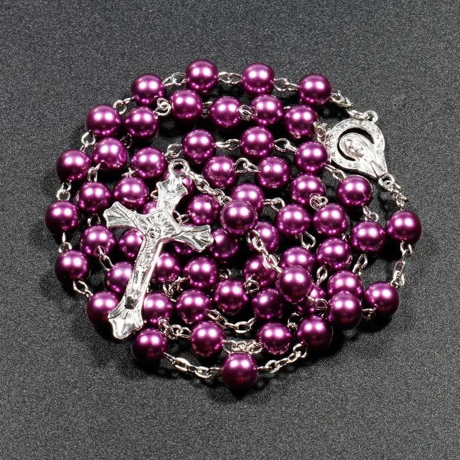 Religion Faux Pearl Rosary Necklace For Women Virgin Mary Jesus Cross Pendant Long Beads Chain Men Christian Fashion Jewelry